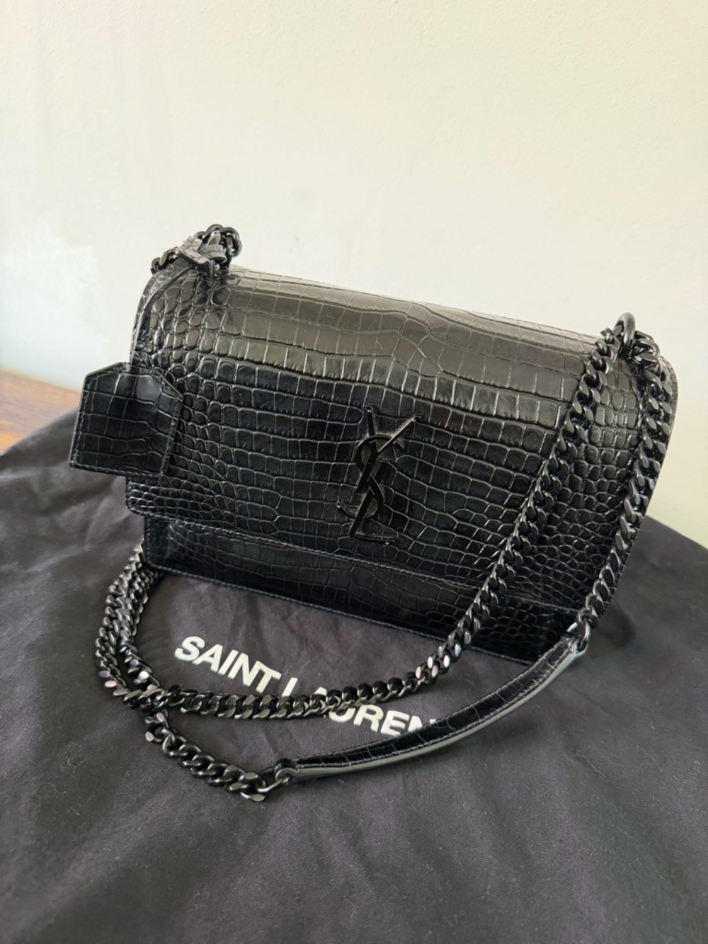 Saint Laurent Black Croc-Embossed Shoulder Bag with Chain Strap